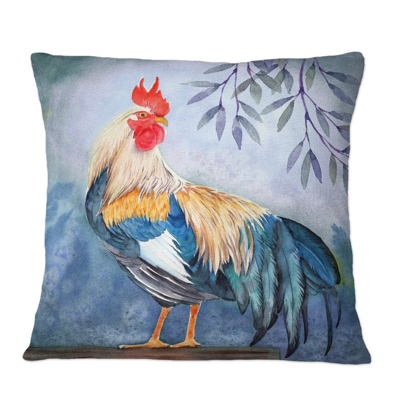 Coq coloré, longue queue émeraude, cockscomb rouge - coussin décoratif traditionnel, 16 po x 16 po
