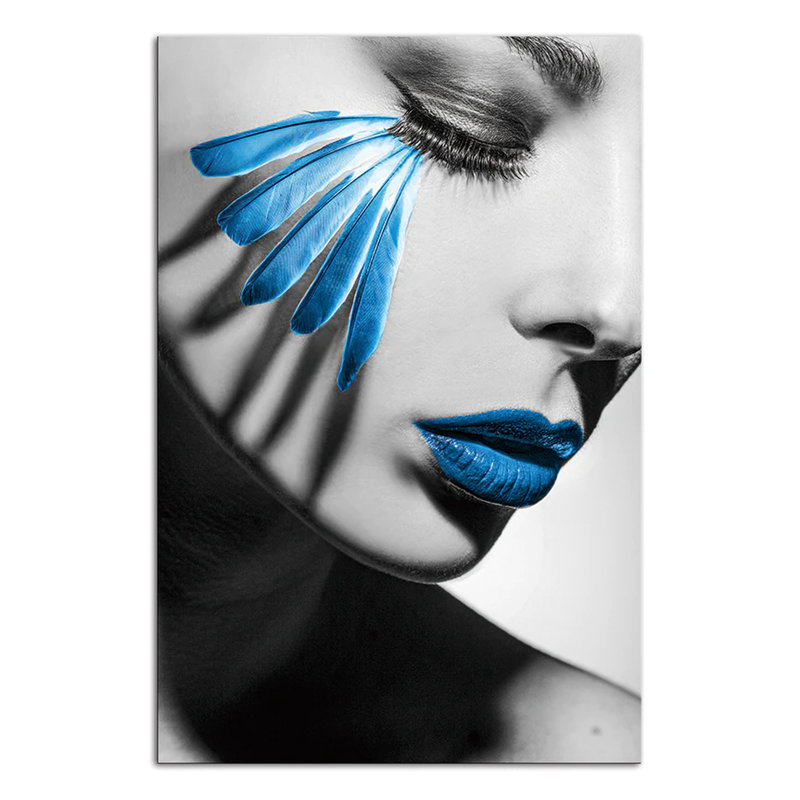 Imprimé acrylique «Woman's Blue Lips and Feather»