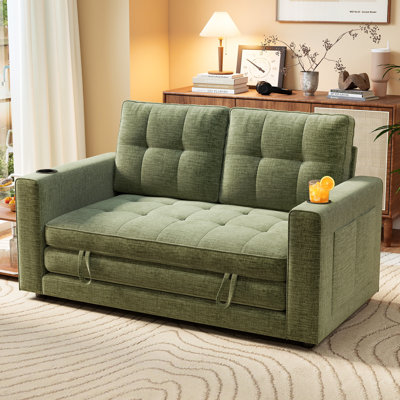 Canapé-lit futon convertible en chenille de 55 po George, causeuse dépliable avec porte-gobelet et poches de rangement