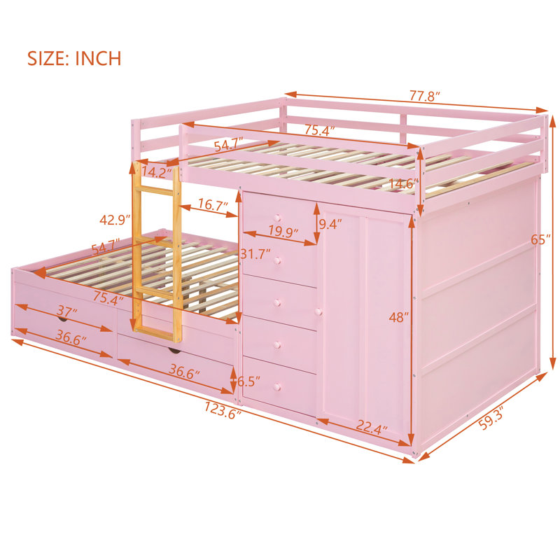 Full Over Full Modern Bunk Bed With Built In Closet And 7 Storage Drawers, Pink