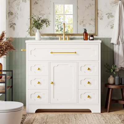 Meuble-lavabo sur pied 36 po avec lavabo simple en céramique, 6 tiroirs et tablette réglable