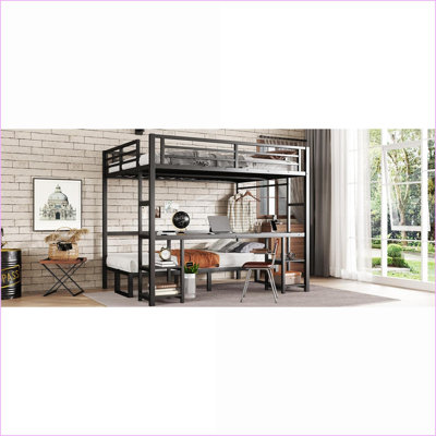 Queen Over Twin XL Metal Bunk Bed with Desk Shelves, Folds to Sofa with LED USB, Black for Small Spaces