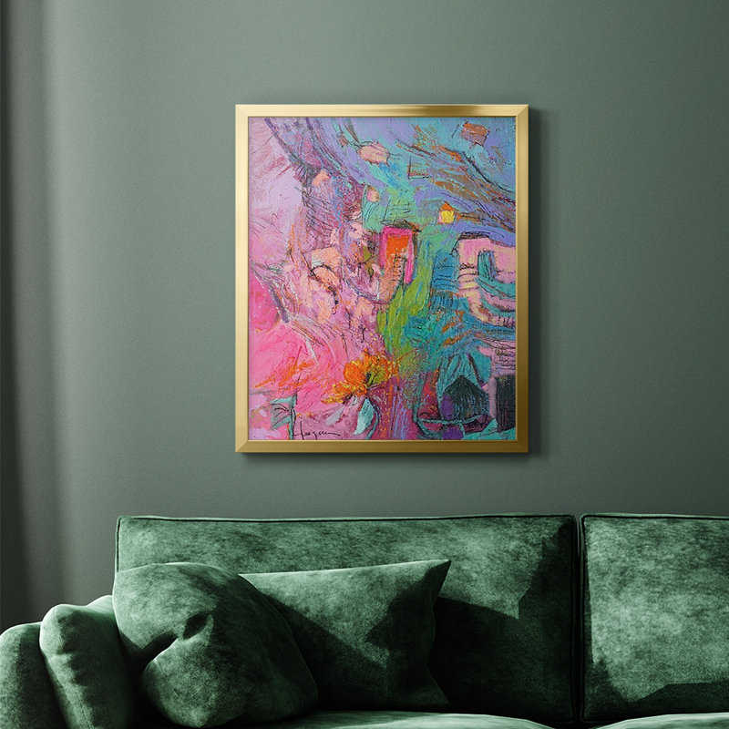 «My Pink House», toile encadrée de qualité supérieure - prête à être accrochée, Or, H 24 po x l 20 po