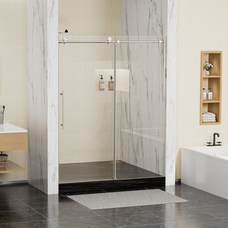 Porte de douche coulissante simple sans cadre de 56 à 60 po x H 75 po avec verre trempé transparent de 5/16 po, Nickel brossé