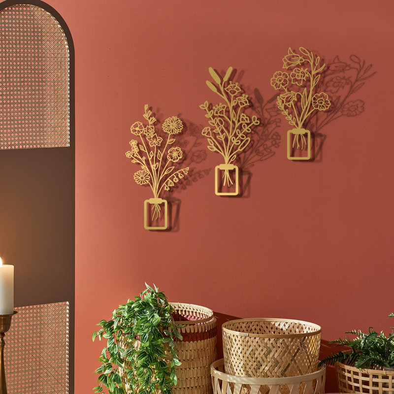 3D Flower Metal Wall Decor Set, Gold