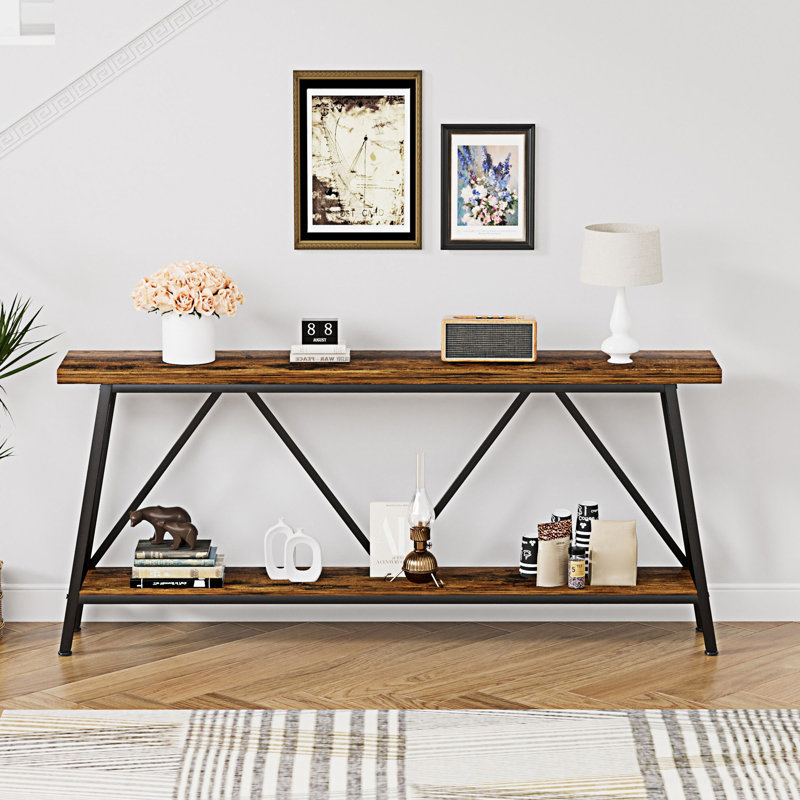 Console pour canapé extra longue avec tablettes, Brun rustique