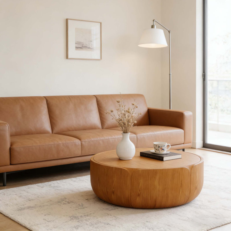 Table basse d'intérieur ronde 35,63 ", table centrale tambour en bois moderne, Naturel