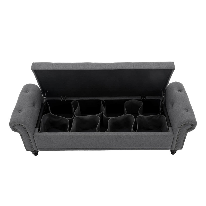 Banc de rangement rembourré avec compartiments de rangement segmentés, Lin gris foncé, H 20,8 po x l 58,1 po x P 18,7 po