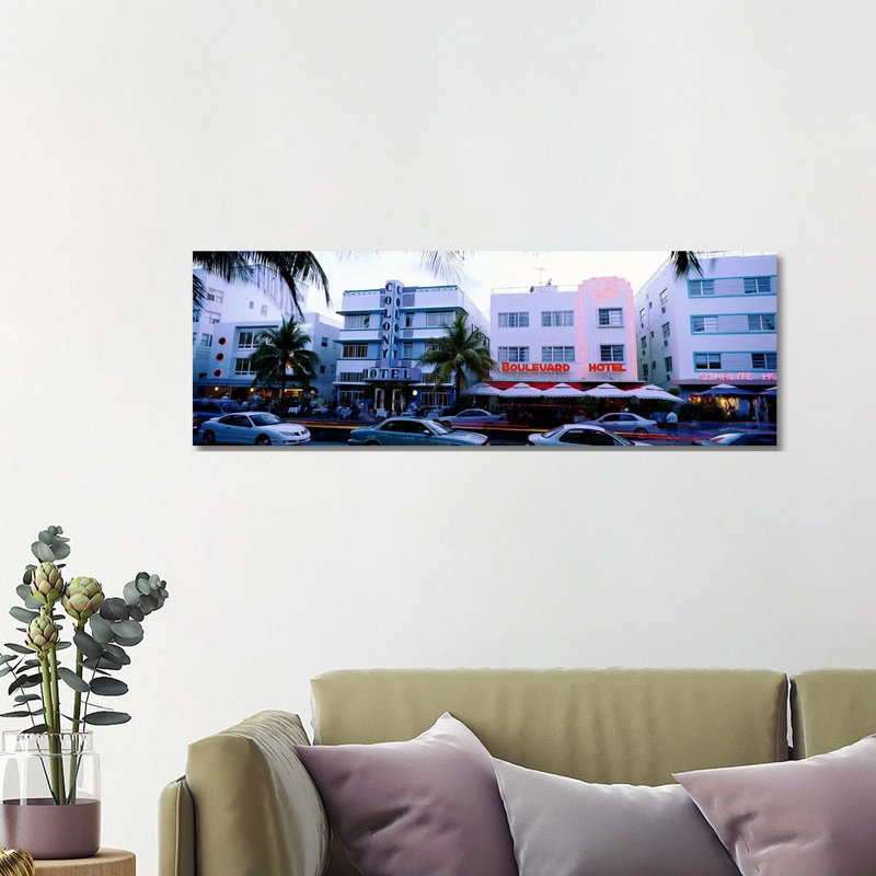 Traffic On Road In Front Of Hotels, Ocean Drive, Miami, Florida, USA - Wrapped Canvas Panoramic Print