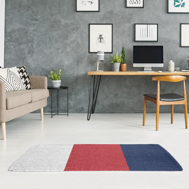 Tapis blanc rayé/rouge/bleu marine Boston, Rectangle 5 pi x 7 pi