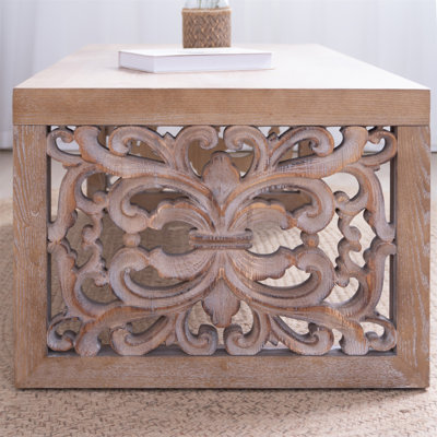 47.2" Rustic Carved Wood Coffee Table – Handcrafted Look with Ornate Side Panels