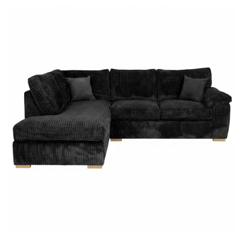 4 Seater Corduroy Sofa & Chaise, Left Hand Facing, Black