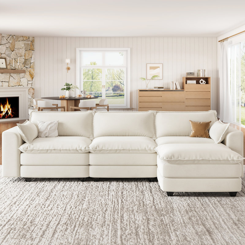 L Shape Sectional Sofa With Ottoman, Modular Sectional Couches For Living  Room, Beige, Beige Chenille