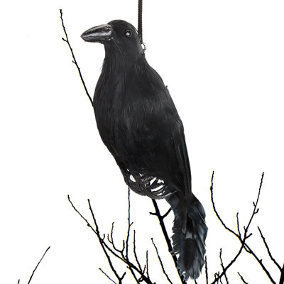 2 Pack Halloween Black Feathered Crow Realistic Hanging Crow Decoy Life Size Halloween Decoration