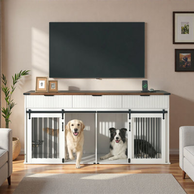 Double Dog Crate With Sliding Door Lock Groove, 3 Fluted Drawers And Waterproof Woodgrain Tabletop, Type-C Power Outlet & Rotating Feeders