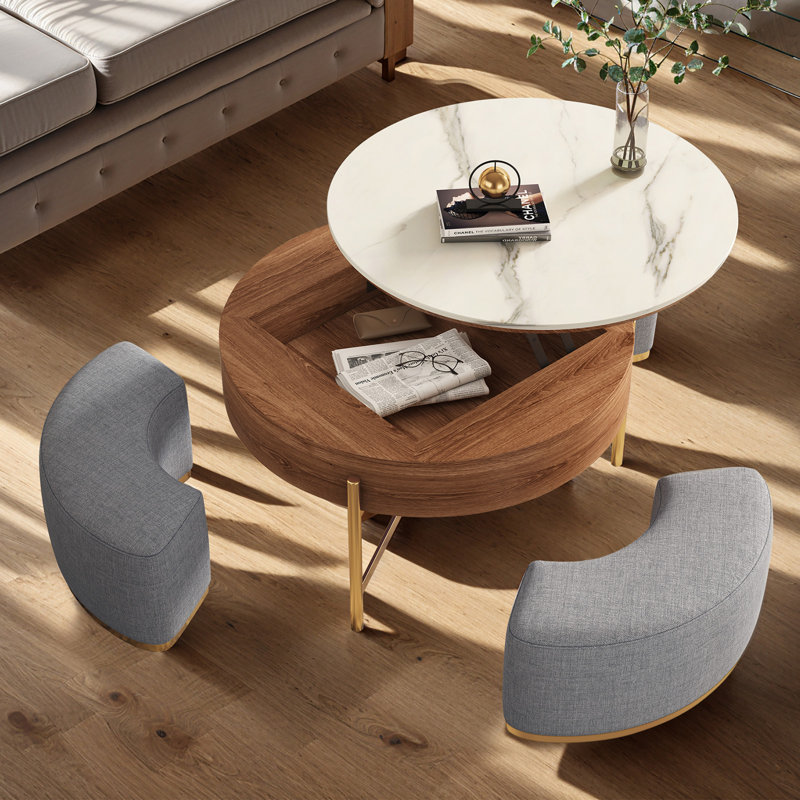 Lift-Top Extendable Frame Coffee Table Included 3 Stools，Round Coffee Table with Storage