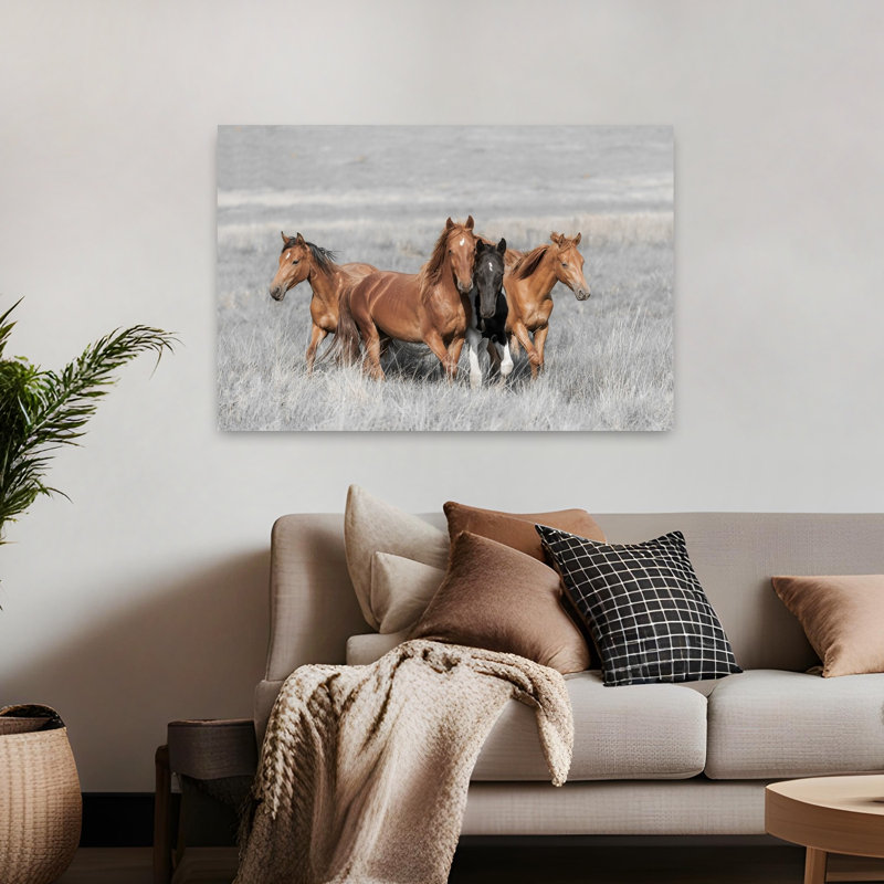 Wild Horse Family Serene Abstract Contemporary Horse Landscape Nature Wall Art Print 1 Piece Wrapped Canvas Wall Art