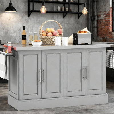Chariot de cuisine pour îlot de cuisine de couleur grise, 2 tiroirs et épices intégrées, serviette, surface en acier inoxydable pour un mélange sécuritaire des aliments, armoires de rangement à 3 niveaux réglables, mobilité sur quatre roues, 36,5 po