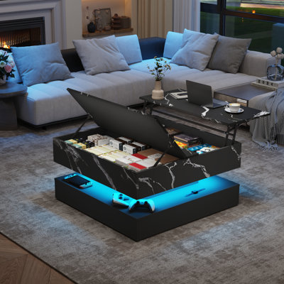 Table basse à plateau relevable de 35 po avec rangement à couvercle rabattable, table basse carrée à DEL avec station de charge, table centrale en bois à 2 niveaux avec tablette de rangement ouverte pour le bureau à domicile, marbre noir