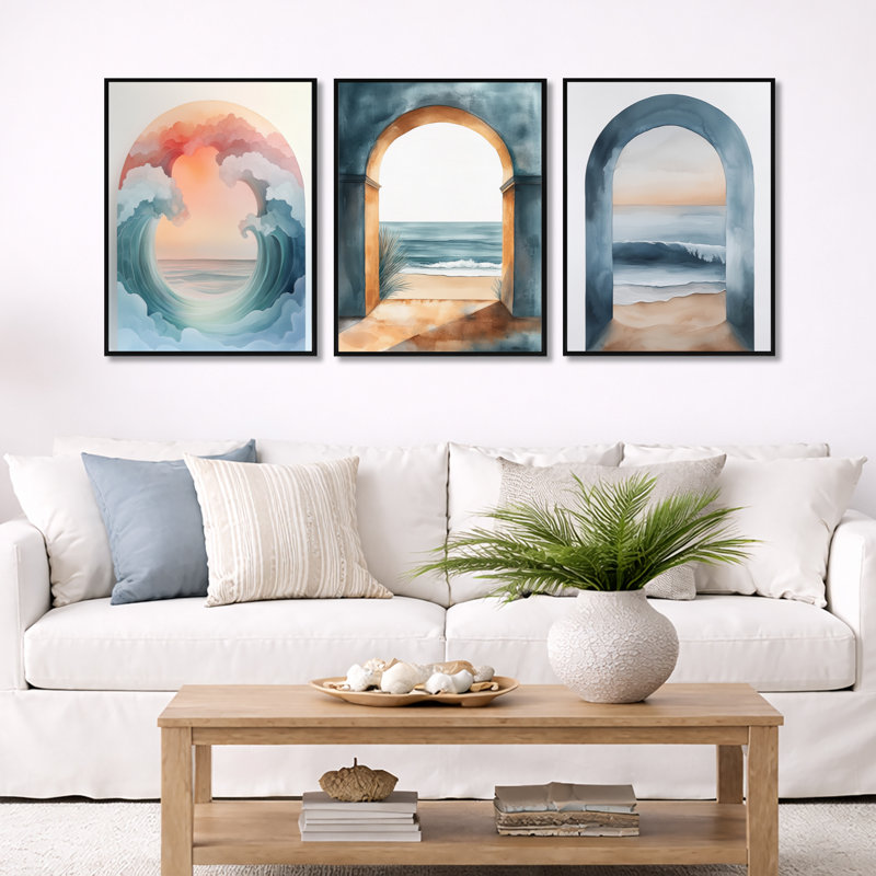 «Arch Waves Horizon», ensemble de 3 toiles encadrées encadrées, 32" H x 72" W, Black Floater Framed