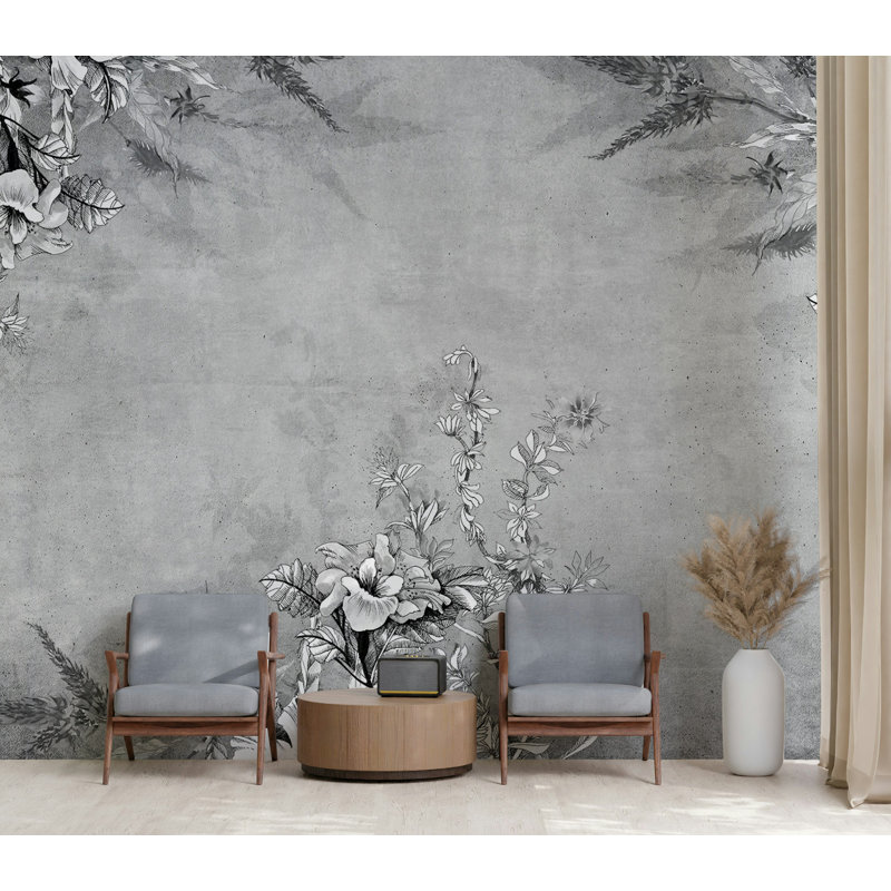Papier peint floral gris avec aquarelle, L 36,96 po x l 56 po