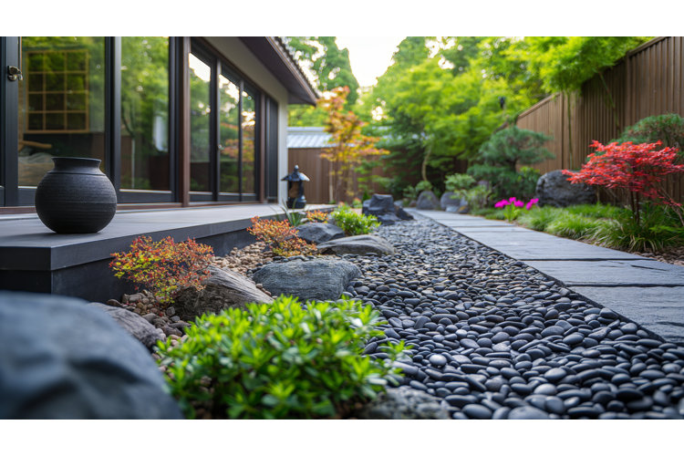 rock garden landscaping outside of a modern home