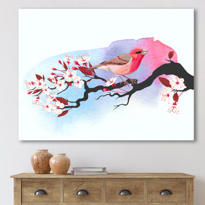 Oiseau rose sur une branche de cerisier - Impression sur toile