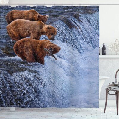 Wildlife Grizzly Bears Fishing in River Waterfalls Cascade Alaska Nature Camp View Shower Curtain Set -  East Urban Home, sc_21729