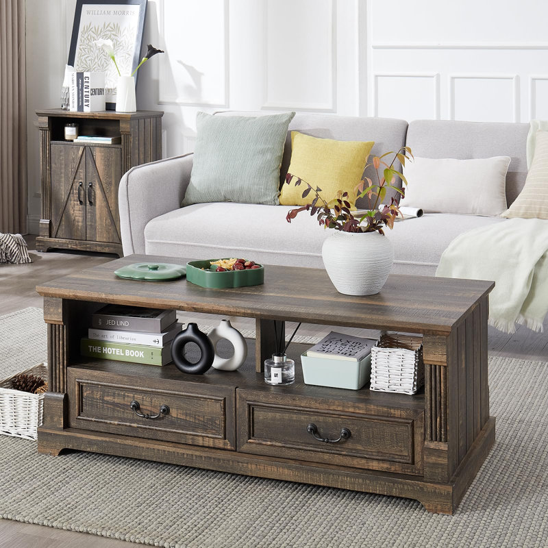 Table basse en bois de 48 po pour le salon, table basse de style campagnard avec rangement, table de centre rustique pour le salon avec 4 tiroirs, table basse de style campagnard et industriel pour la maison (chêne rustique foncé)