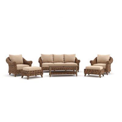 Cayman Sofa, Stationary Lounge Chair, Ottoman, and Coffee Table 6 Piece Rattan Seating Group with Sunbrella Cushions -  Winston, CAY-6PC-S-ST-2O