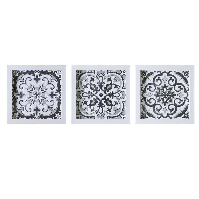 Black and White Medallion Tile 3-Piece Wall Art Set