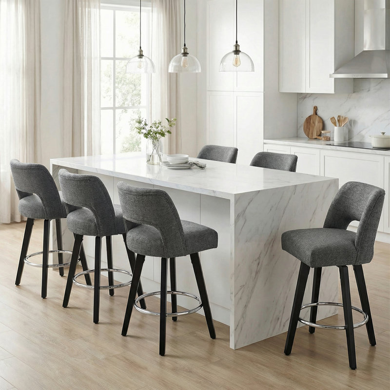 26.4" Swivel Bar Stools Set of 6, Black Solid Wood Legs & Metal Ring Footrest, Silver Footrest - Dark Gray, 6