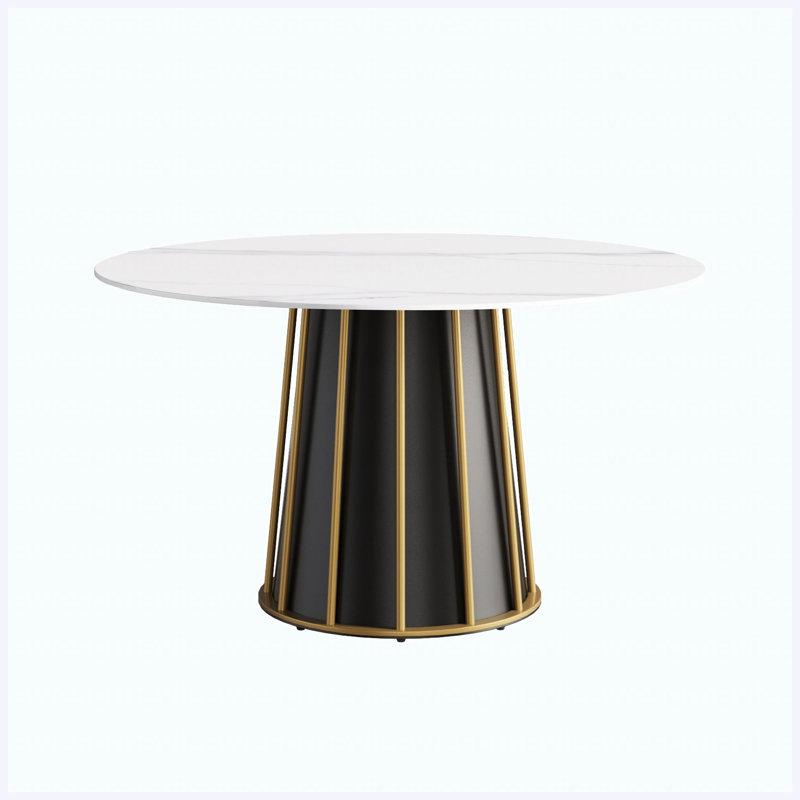 Table de salle à manger 53,15 po en pierre artificielle moderne avec panneau blanc et base en fer, pour 6 personnes, White