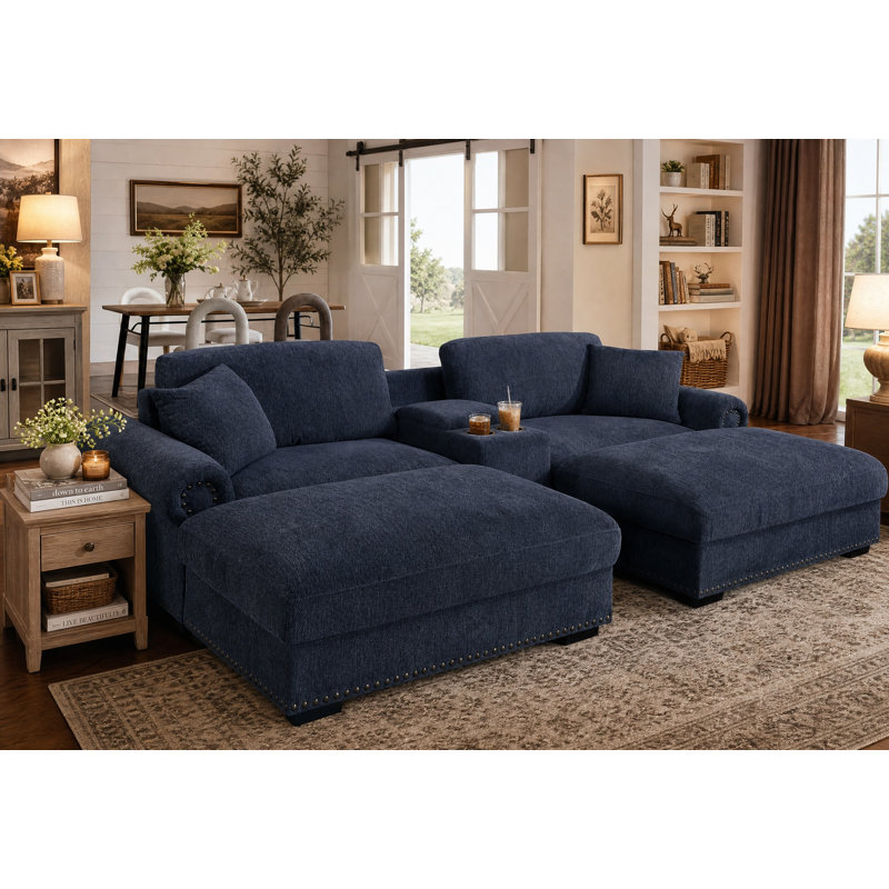 104.86" W Modular Chenille Cloud Couch Sofa with USB Ports，Two Ottomans, Storage and Cup Holders （5 Piece ）, Dark Blue