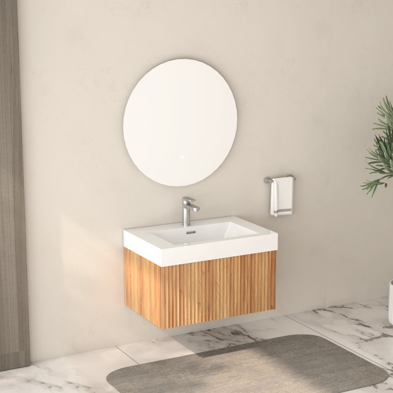 Meuble-lavabo mural de 30 po avec lavabo intégré, couleur bois, conception minimaliste pour les salles de bain compactes, espace, contreplaqué, poignées biseautées, tracas de quincaillerie Easy Diy - Manuel d'assemblage