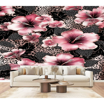 Papier peint auto-adhésif à motif de fleurs d'hibiscus roses à motifs audacieux noirs et blancs H 69 po x l 96 po, papier peint adhésif amovible en PVC pour chambre à coucher, bureau à domicile