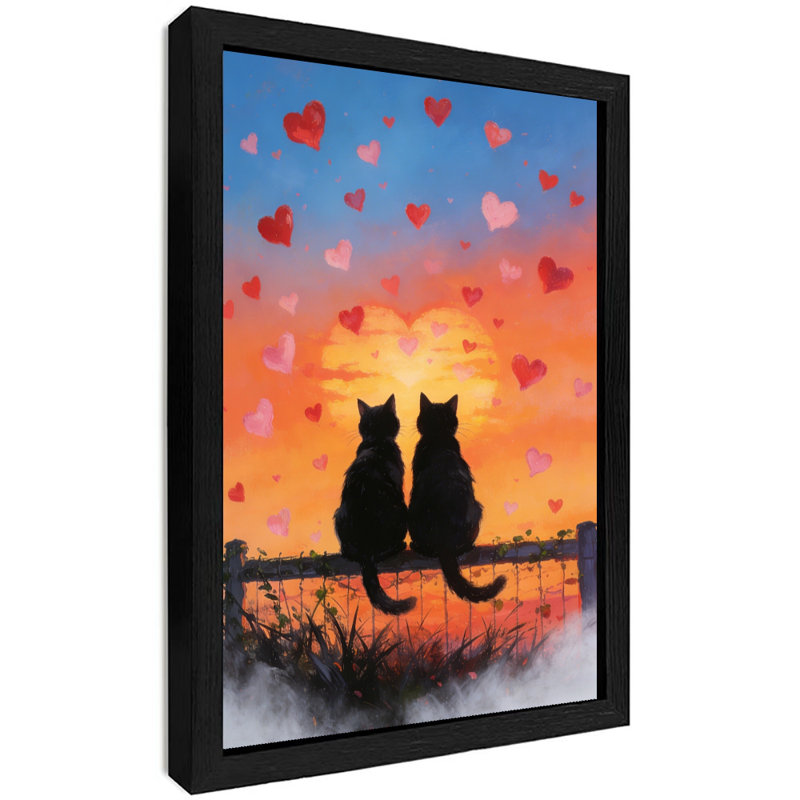 Coucher de soleil rétro encadré noir, Saint-Valentin, impression d'art mural, cadeau pour amoureux des chats de la Saint-Valentin