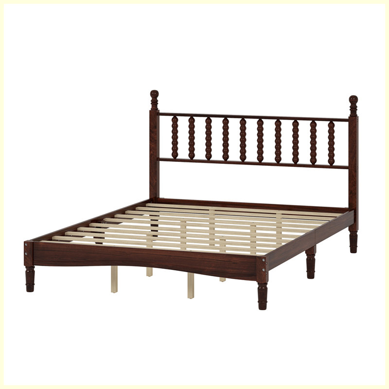 Queen Size Wood Platform Bed with Gourd Shaped Headboard,Retro Style Platform Bed with Wooden Slat Support, Walnut