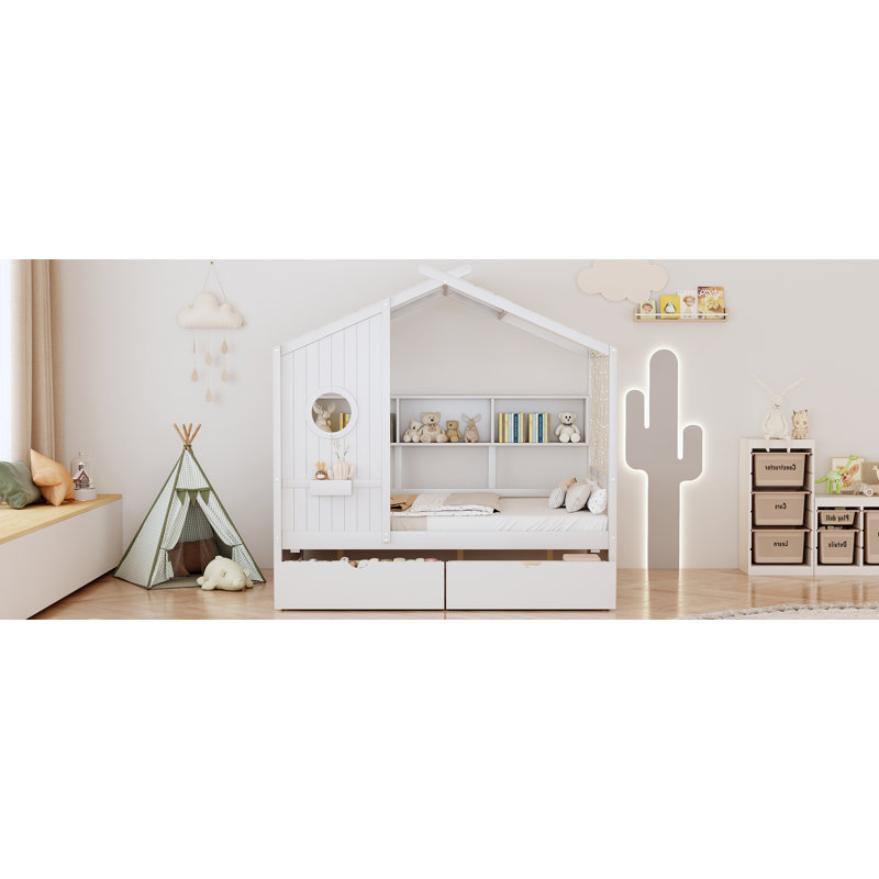 Lit double pleine grandeur avec 2 tiroirs et tablette de rangement, Blanc