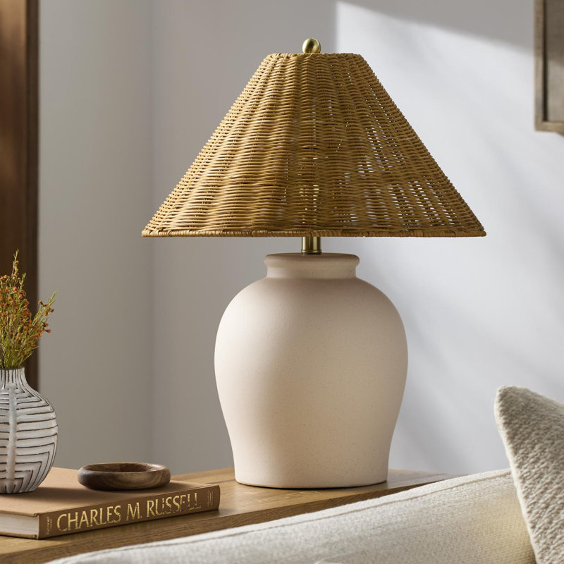 Chemise 22" Ceramic Table Lamp, Shell, Rattan