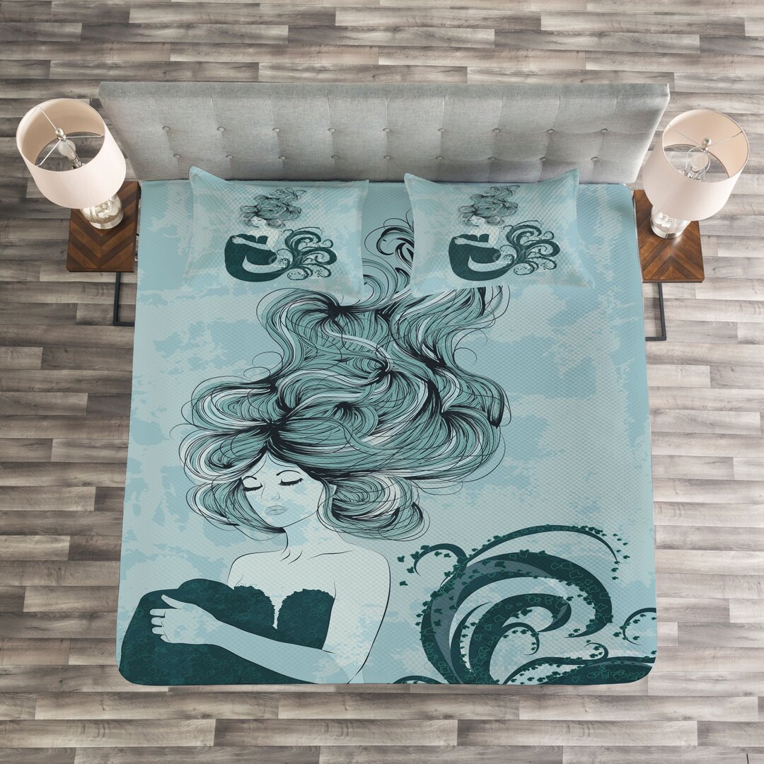 Gestepptes Bettdecken-Set, Sleeping Mermaid, Dunkelblau, Blassblau Dunkel Teal