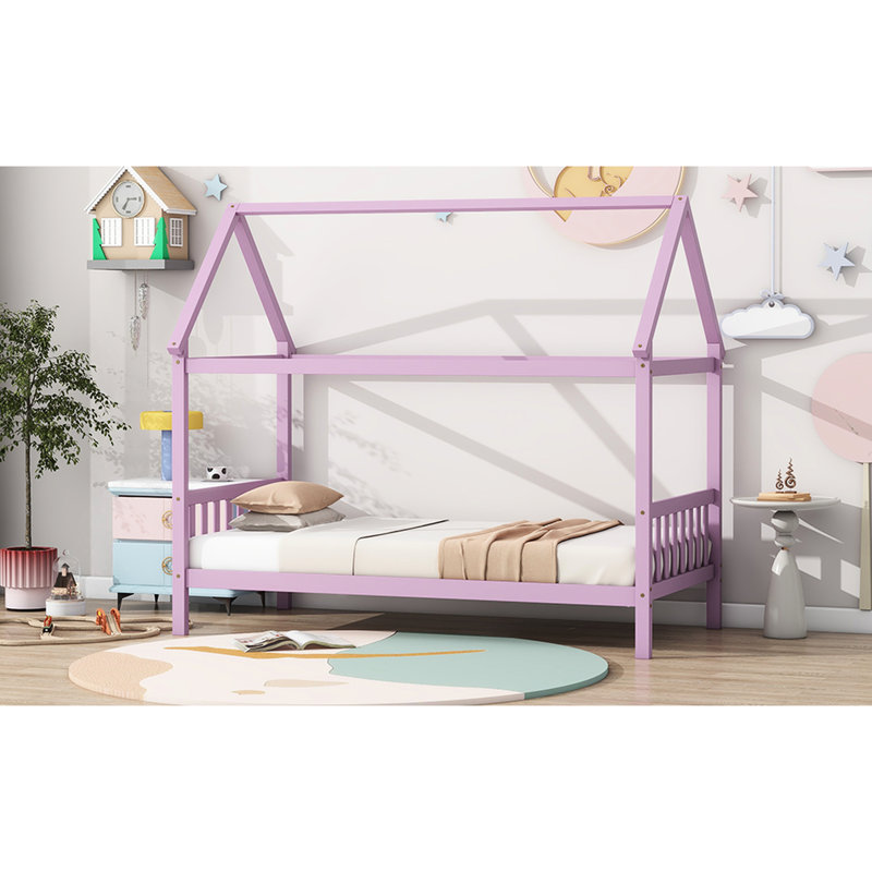 Lit simple en bois d'hévéa en forme de maison en rose - élégant et pratique pour une chambre à coucher qui inspire l'imagination avec une intimité supplémentaire