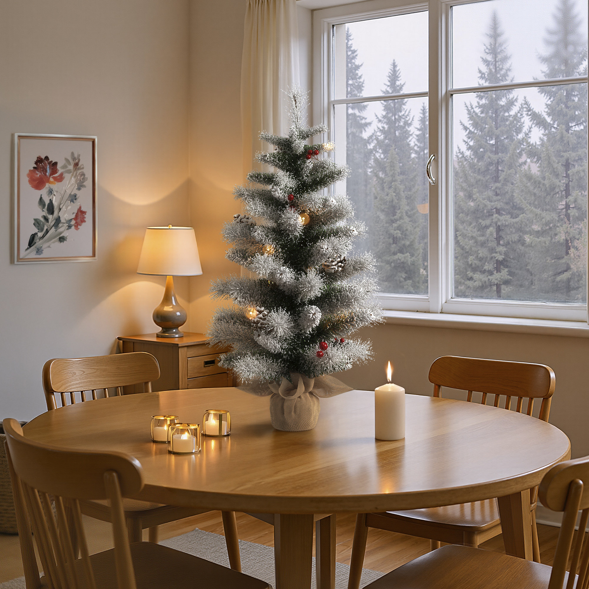 The Holiday Aisle® 2' Pre-Lit Flocked Christmas Tree With Pinecones ...