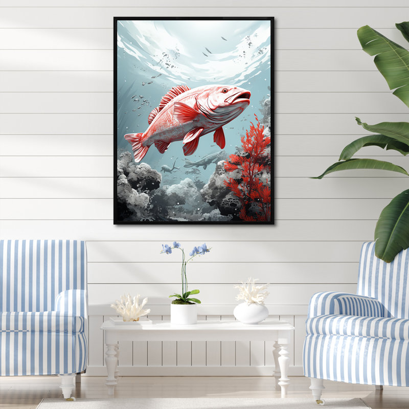 Danse de poissons monochrome rose et gris II - plage et océan, impressions sur toile, Cadre flottant noir