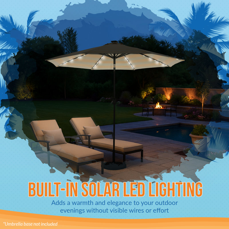 Parasol pour îlot de patio octogonal 11 pi avec manivelle, inclinaison à bouton-poussoir, mât en aluminium antirouille, cadre à 8 baleines, lumières à DEL solaires et auvent Breez-Tex Weather-Res - champagne et taupe