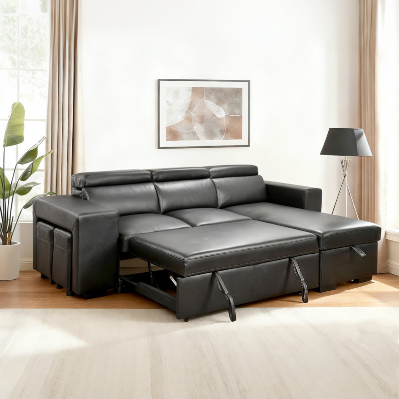 102.7'' L Shape Sectional Sleeper Sofa 2 In 1 Convertible Sectional Sofa With Pull Out Bed, Storage Chaise And 2 Stools