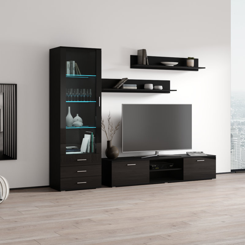 Sabala 100" Modern Entertainment Center with 16-Color LED Lighting, High Gloss Finish, Media Storage, Black