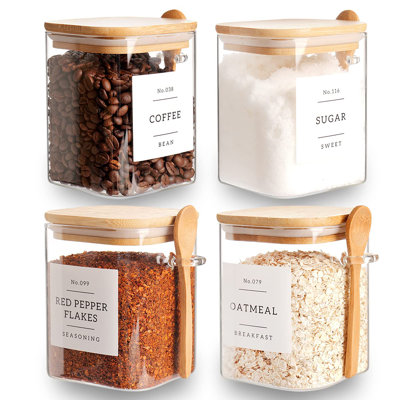 Ensemble de 4 pots en verre carrés avec couvercles et cuillères en bambou