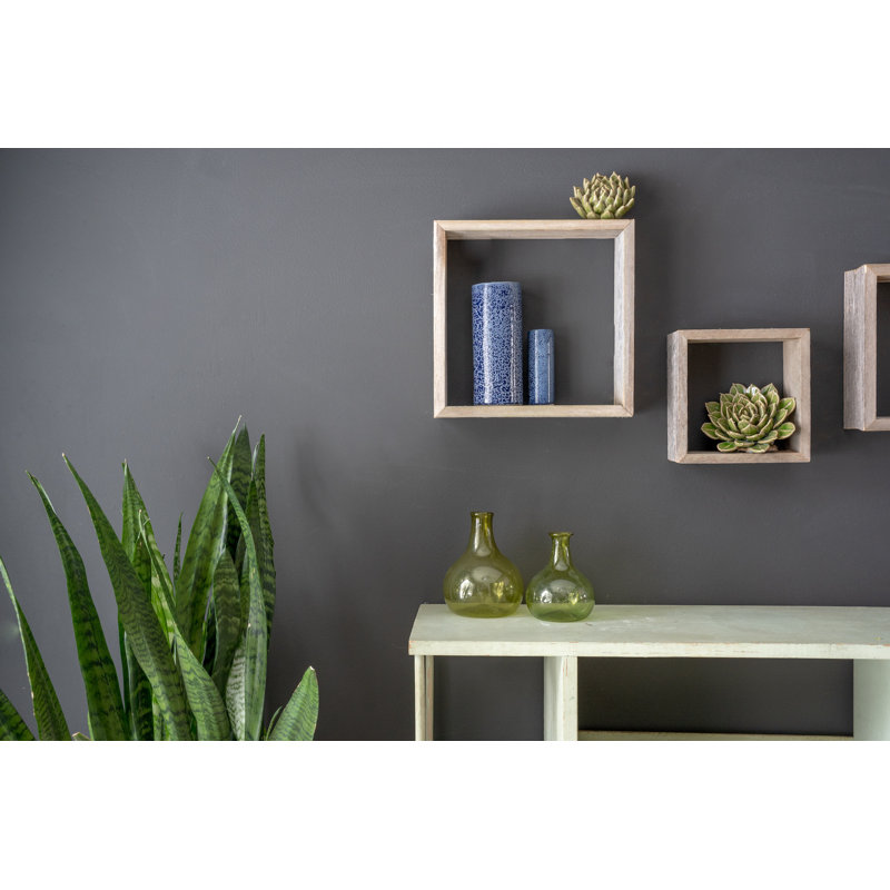 Set Of 3 Square Rustic White Wash Wood Open Box Shelve