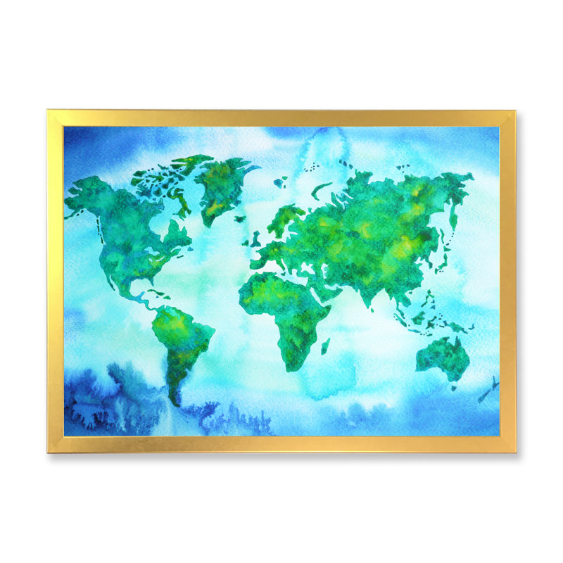 «World Map Blue Green Tone», reproduction sur toile, H 30 po x l 40 po x P 1,5 po, Cadre doré à coins fermés